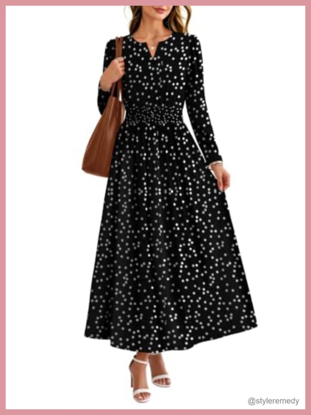 Womens Boho Floral Maxi Dress V-Neck Smocked Waist Pockets Long Sleeve